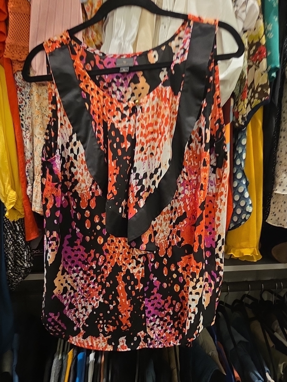 Worthington Black Multi-Color Abstract Satin-Trim V-Neck Camisole